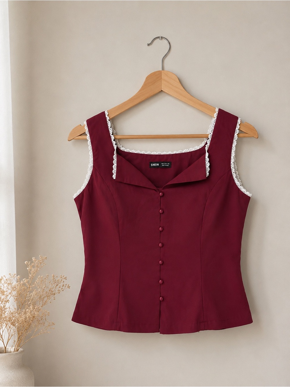 SHEIN Burgundy Lace-Trim Button Front Camisole